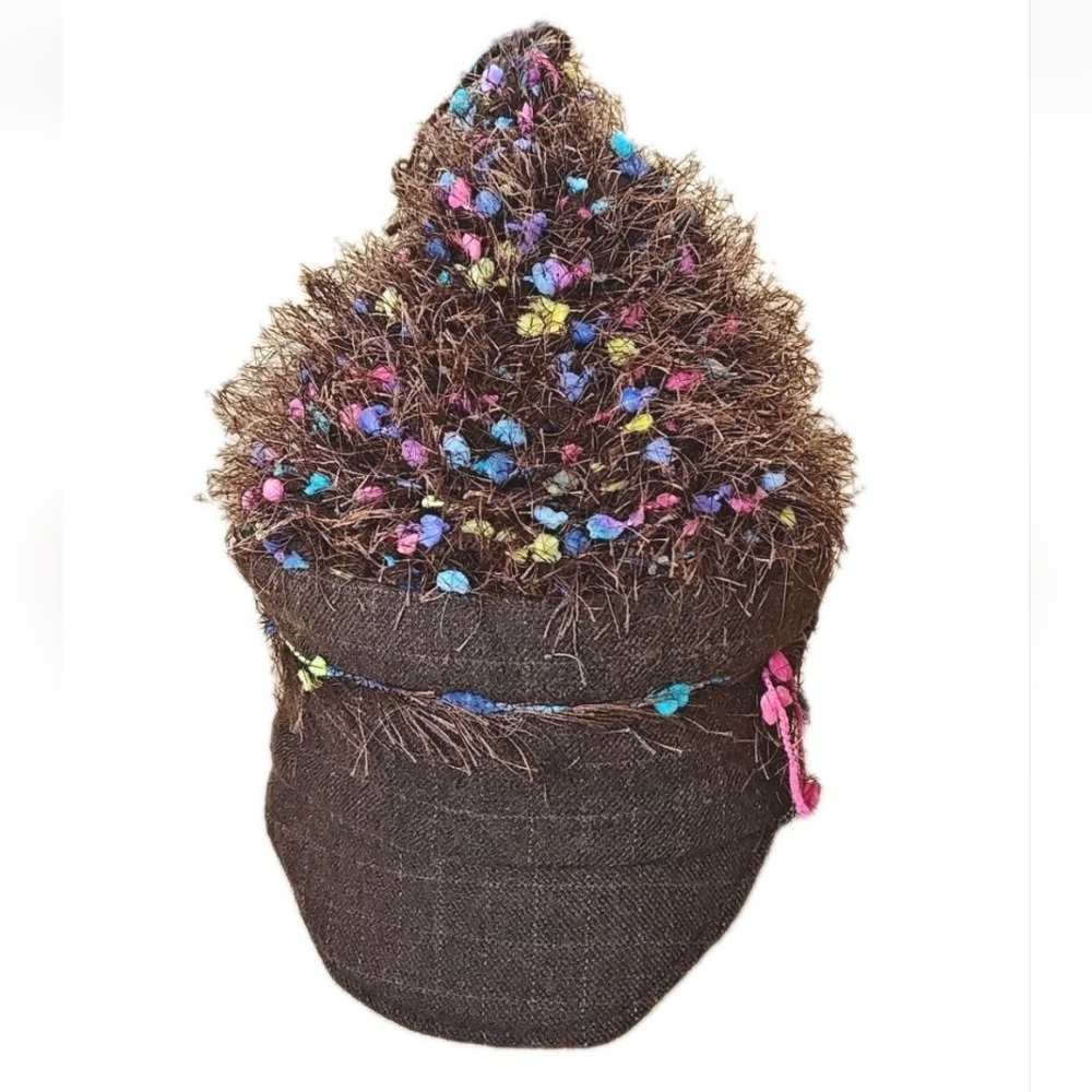 Sue Gallion Y2k Fairy Artsy Boho Brown Frilly Rainbow Confetti Beanie Hat Cap